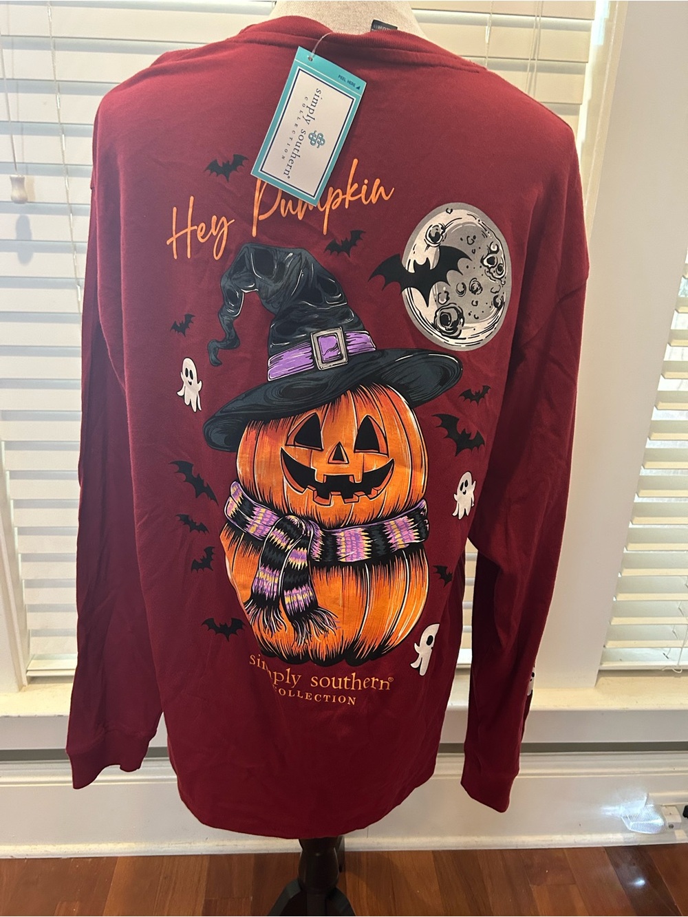 Simply Southern "Hey Pumpkin" Long Sleeve T-Shirt in a carmine maroon color - Picture 5 of 9